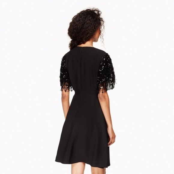 Kate Spade • Sequin Fringe Swing Dress black cap sleeve mini a-line cocktail - Picture 9 of 13